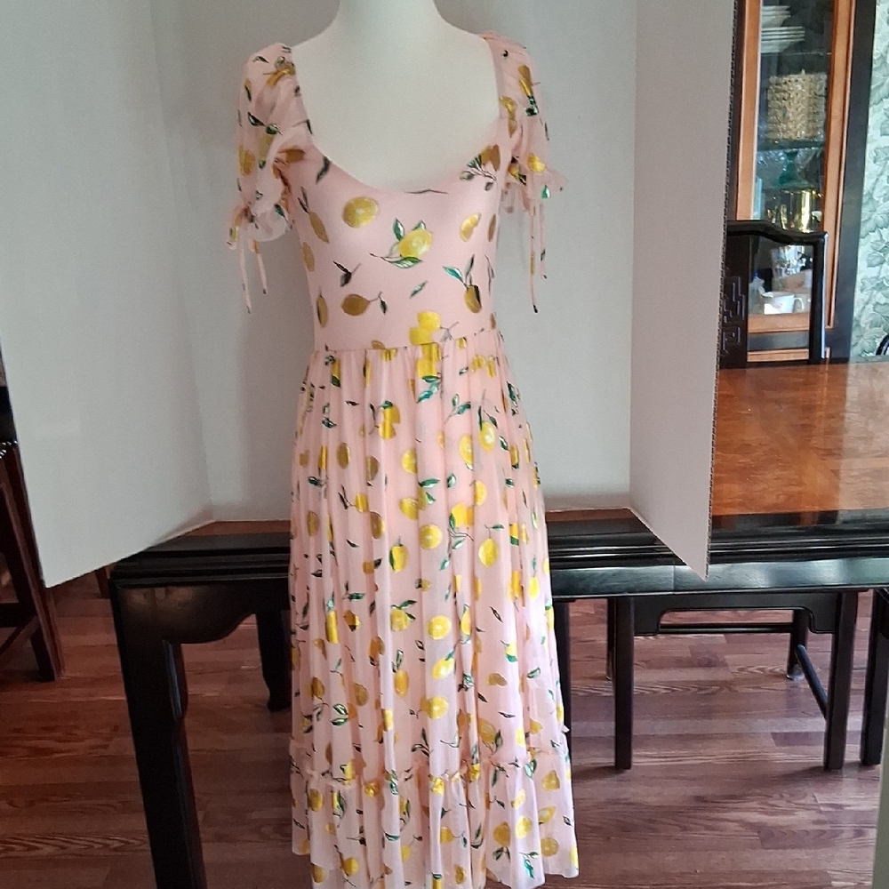 Blackmilk Lemon Print Midi Dress in Pink
